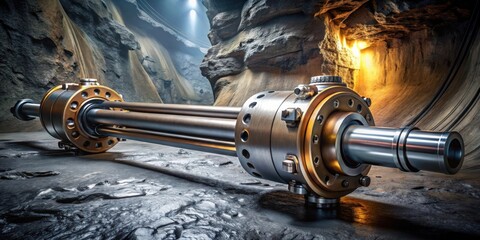 Poster - A metallic hydraulic cylinder rests on a rocky surface within a cave, illuminated by a warm glow emanating from a tunnel opening