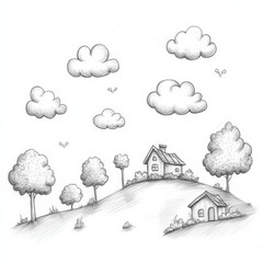 Poster - Hand-drawn sketches depict whimsical clouds, trees, and charming houses on a peaceful hillside, showcasing a lighthearted artistic touch. Generative AI