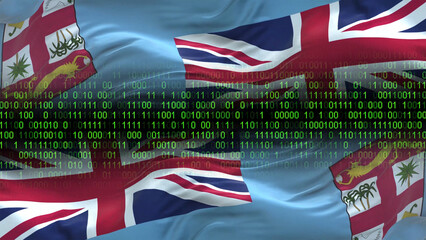 Fiji flag - 3D realistic waving flag on matrix digital background with binary code