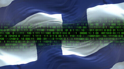 Finland flag - 3D realistic waving flag on matrix digital background with binary code