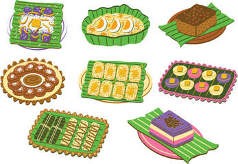 Filipino kakanin or rice cakes. Native delicacies, traditional snacks and desserts. Puto bumbong, bibingka, biko, kutsinta, pichi pichi, puto, suman, and sapin sapin. Hand drawn vector illustrations.