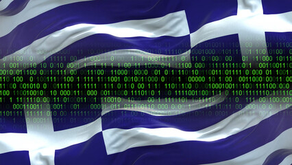 Greece flag - 3D realistic waving flag on matrix digital background with binary code