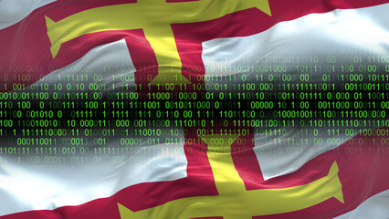 Guernsey flag - 3D realistic waving flag on matrix digital background with binary code