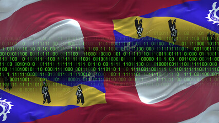 herm flag - 3d realistic waving flag on matrix digital background with binary code