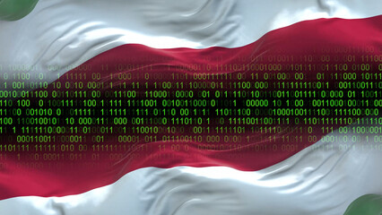 Hungary flag - 3D realistic waving flag on matrix digital background with binary code