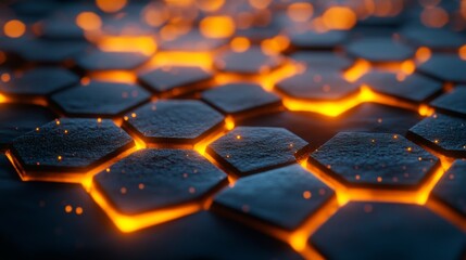Poster - A close-up view reveals hexagonal tiles illuminated by glowing orange light, creating a captivating contrast against a dark background, suggesting heat or lava.