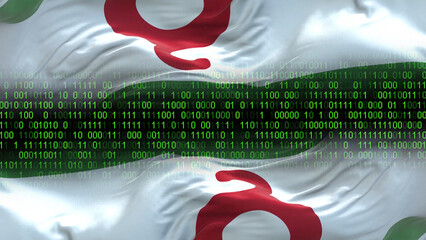 Ingushetia flag - 3D realistic waving flag on matrix digital background with binary code