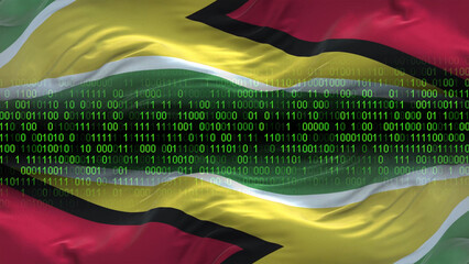 Guyana flag - 3D realistic waving flag on matrix digital background with binary code