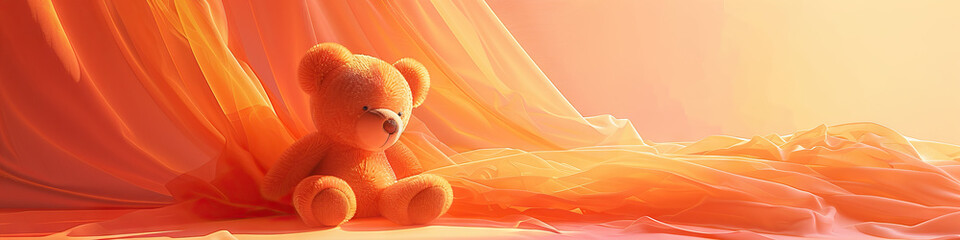 A warm orange and peach pastel abstract background provides a cozy ambiance for the gentle landing of a soft stuffed animal.