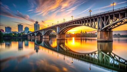 Bridge crossing Willamette River at sunrise in Portland Oregon