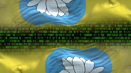 Kalmykia flag - 3D realistic waving flag on matrix digital background with binary code