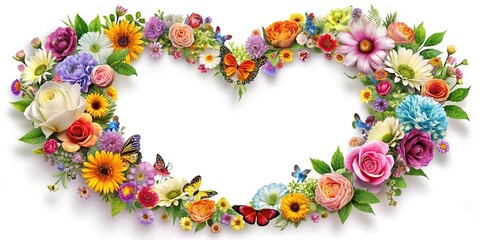 Bright heart shape filled with colorful flowers and butterflies