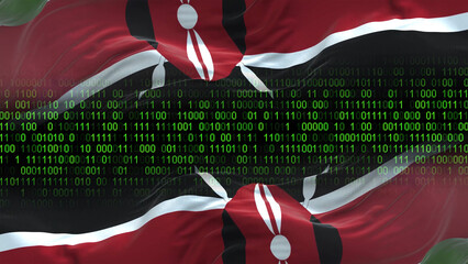 Kenya flag - 3D realistic waving flag on matrix digital background with binary code
