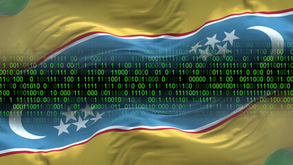 Karakalpakstan flag - 3D realistic waving flag on matrix digital background with binary code