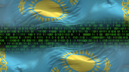 Kazakhstan flag - 3D realistic waving flag on matrix digital background with binary code