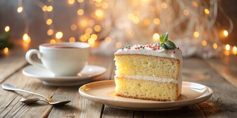 Wall Mural - A Slice of Vanilla Cake with Whipped Cream and Sprinkles on a Rustic Wooden Table Under a Warm Glow of Fairy Lights