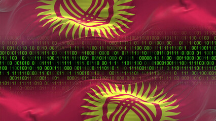 Kyrgyzstan flag - 3D realistic waving flag on matrix digital background with binary code