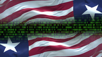 Liberia flag - 3D realistic waving flag on matrix digital background with binary code