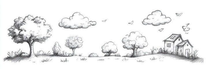 Poster - A quick sketch showcases playful clouds, trees, and a charming house, creating a peaceful and whimsical outdoor scene. Generative AI