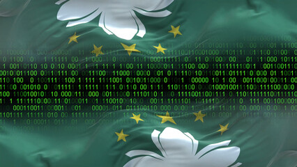 Macau flag - 3D realistic waving flag on matrix digital background with binary code