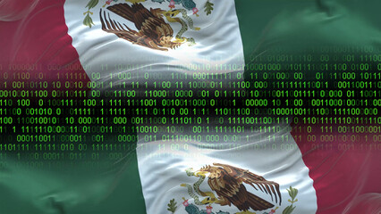 Mexico flag - 3D realistic waving flag on matrix digital background with binary code