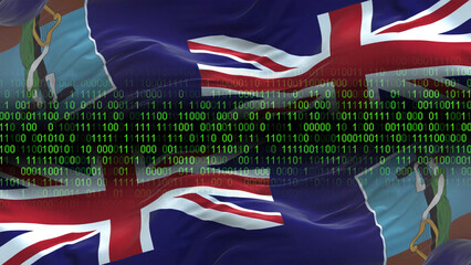 Montserrat flag - 3D realistic waving flag on matrix digital background with binary code