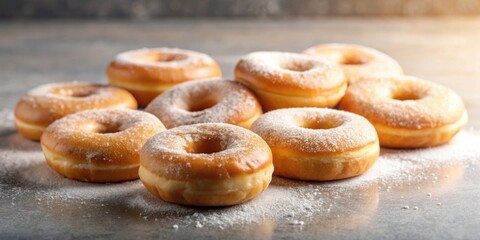 A collection of freshly baked donuts coated in powdered sugar, arranged on a sleek, gray surface with a soft glow of light.