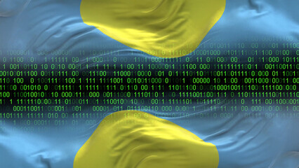 Palau flag - 3D realistic waving flag on matrix digital background with binary code