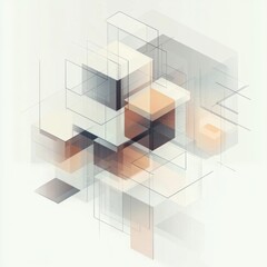 Poster - An arrangement of multiple cubes in different sizes and shades, interconnected by diagonal lines on a soft, light background. Generative AI
