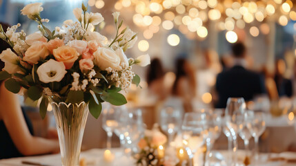 A formal gala dinner event with guests seated at tables, with the background blurred to emphasize the elegance of the occasion. 