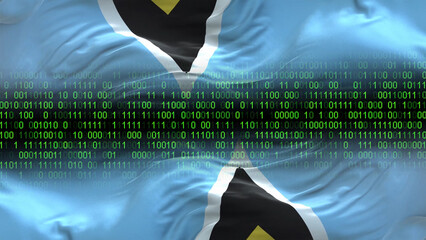 Saint Lucia flag - 3D realistic waving flag on matrix digital background with binary code