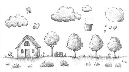 Poster - This artwork features a charming collection of doodle-style sketches, including trees, clouds, and a simple house, evoking a serene atmosphere. Generative AI