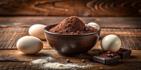 A rustic wooden table setting with a bowl of cocoa powder, eggs, and chocolate pieces