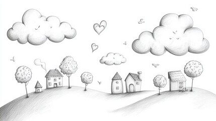 Poster - Delightful doodles feature fluffy clouds, simple trees, and cozy houses, all rendered in a playful hand-drawn sketch style. Generative AI
