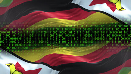 Zimbabwe flag - 3D realistic waving flag on matrix digital background with binary code