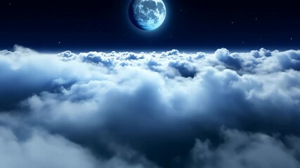 Flying Through Clouds at Night with Big Blue Moon and Stars