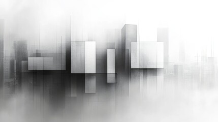 Aufkleber - The urban skyline is shrouded in fog, featuring abstract, geometric buildings of various heights. The soft light of early morning creates a mysterious atmosphere, blending shadows and shapes.