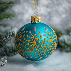 Wall Mural - on the decorated christmas tree hangs a glass ball containing winter magical snowy