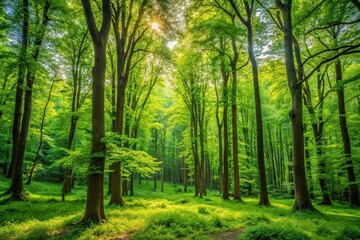 A lush green forest landscape with tall trees and vibrant foliage, forest floor, wilderness