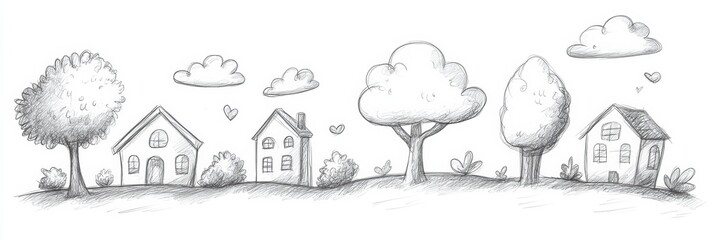 Wall Mural - This artwork features hand-drawn pencil sketches of whimsical trees, houses, and clouds, creating a serene and playful landscape. Generative AI