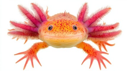 Rare species of axolotl swimming in clear water, its gills spread out, against a white background.