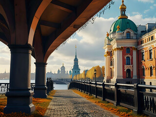 Yellow fall leaves lie in the old streets of St. Petersburg with classic architecture and parks. The ambience creates a nostalgic atmosphere.