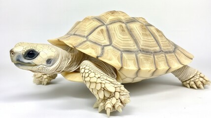 Sulcata tortoise hatchling with detailed ridges in its shell, slowly moving across a white background.