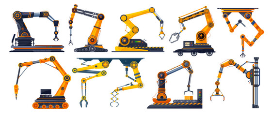 Poster - Factory mechanic robot arms, hydraulic machine hands, vector automation tools of production and manufacturing industry. Factory machinery, manipulator robot arms with grippers and welding torches
