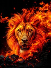 Lion, fierce, majestic, fire mane, flames, burning, intense gaze, orange and red hues, dark background, digital art, fantasy creature, elemental beast, powerful, mystical, heat, energy, dramatic light