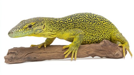 Uncommon green tree monitor lizard gripping a branch, standing out against the clean white background.