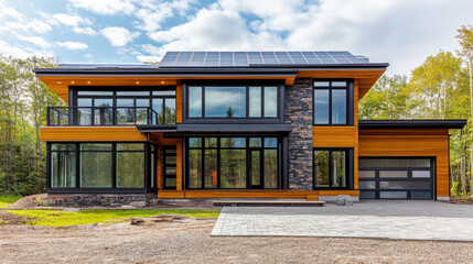 A newly constructed energy-efficient home featuring solar panels, large windows for natural lighting, and modern insulation systems