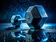 © Arnada - Closeup of Blue Hex Dumbbell with Water Droplets on Wet Surface - Intensity and Dedication in Fitness Workout
