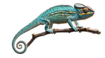 Uncommon pet chameleon with its tail curled, changing colors as it stands on a branch, isolated on a white background.