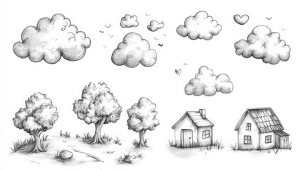 Poster - Whimsical hand-drawn doodles depict clouds, trees, and houses in a quick sketch style, showcasing a playful artistic expression. Generative AI